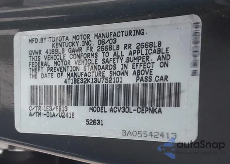 2003 Toyota Camry Le из США, поврежденный, VIN 4T1BE32K13U752101